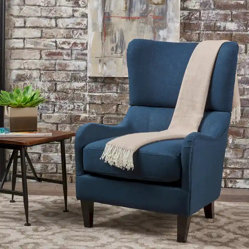 Fauteuil d'appoint à dossier haut avec revêtement tissé, assise en mousse et ressorts ensachés, pieds en bois de bouleau, bleu marine