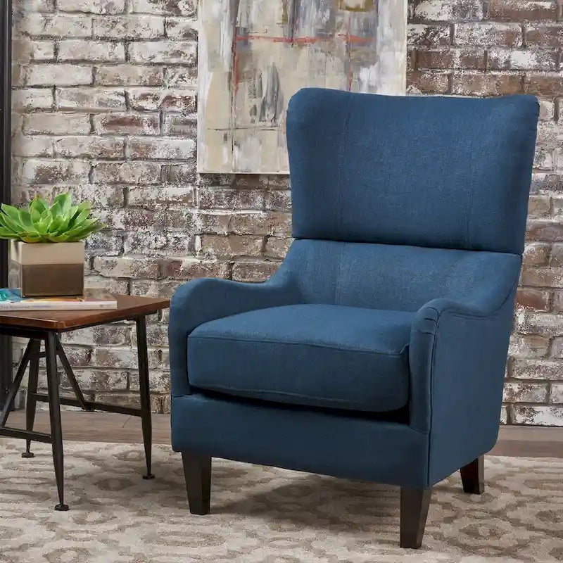 Fauteuil d'appoint à dossier haut avec revêtement tissé, assise en mousse et ressorts ensachés, pieds en bois de bouleau, bleu marine