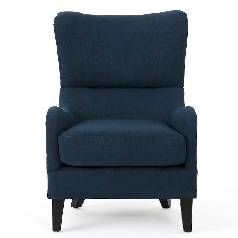 Fauteuil d'appoint à dossier haut avec revêtement tissé, assise en mousse et ressorts ensachés, pieds en bois de bouleau, bleu marine