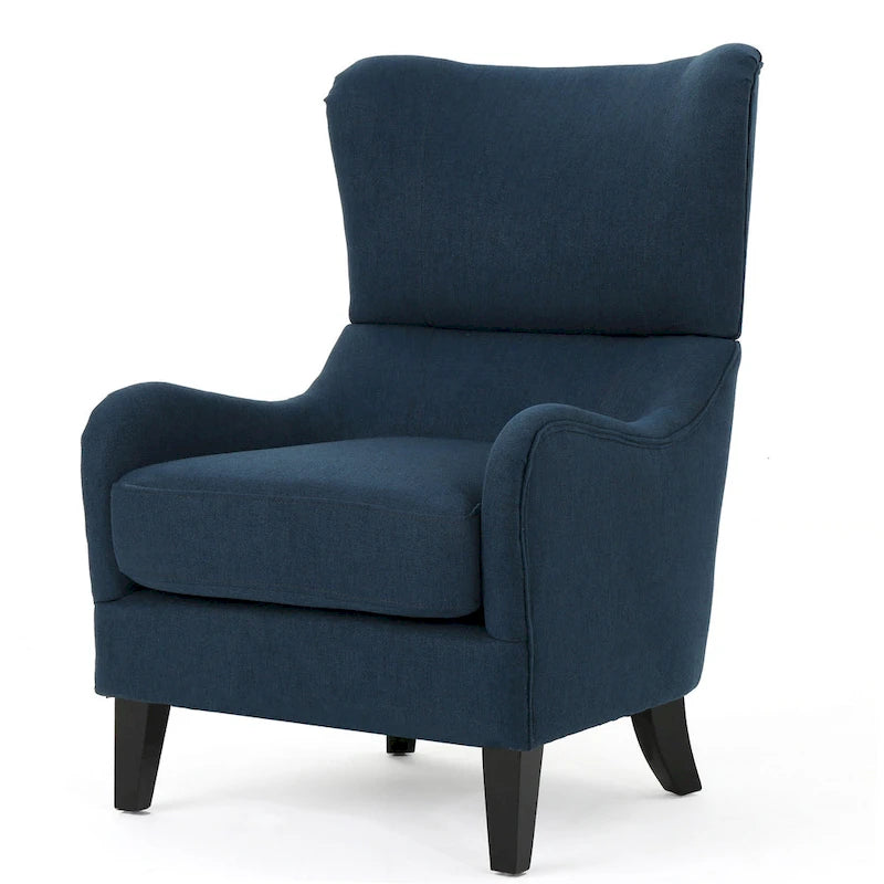 Fauteuil d'appoint à dossier haut avec revêtement tissé, assise en mousse et ressorts ensachés, pieds en bois de bouleau, bleu marine