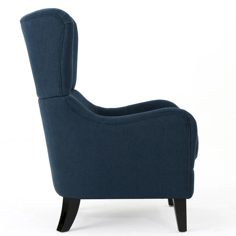 Fauteuil d'appoint à dossier haut avec revêtement tissé, assise en mousse et ressorts ensachés, pieds en bois de bouleau, bleu marine