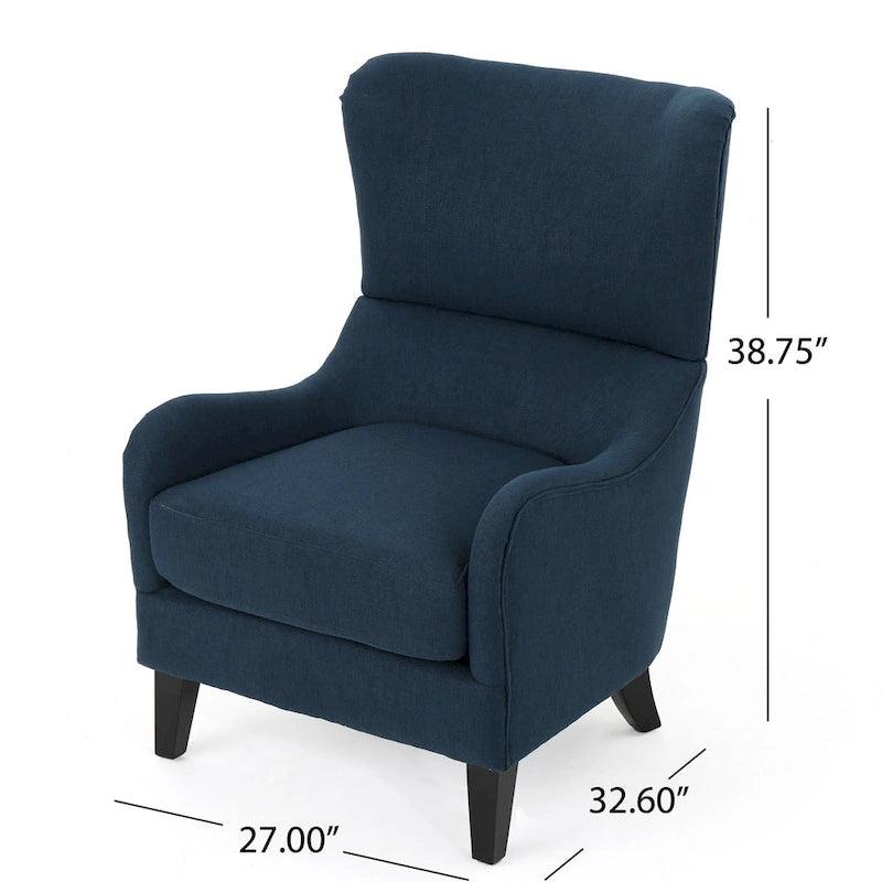 Fauteuil d'appoint à dossier haut avec revêtement tissé, assise en mousse et ressorts ensachés, pieds en bois de bouleau, bleu marine