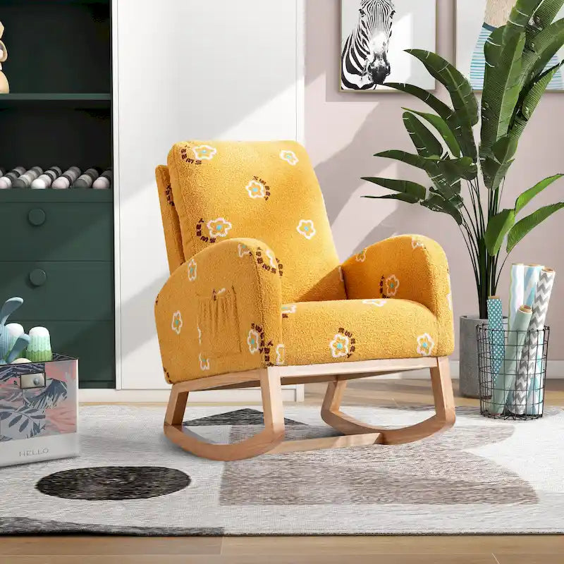 Fauteuil à bascule de nurserie à dossier haut en bouclette avec poches latérales et patins en bois massif vert