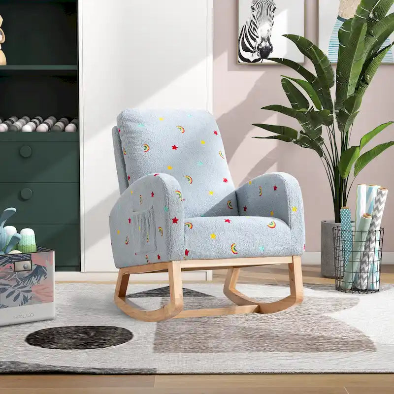 Fauteuil à bascule de nurserie à dossier haut en bouclette avec poches latérales et patins en bois massif vert
