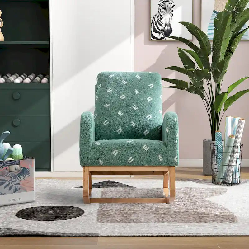 Fauteuil à bascule de nurserie à dossier haut en bouclette avec poches latérales et patins en bois massif vert