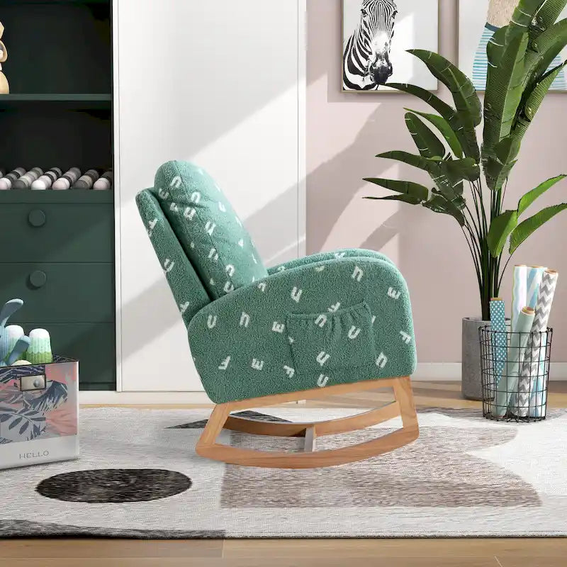 Fauteuil à bascule de nurserie à dossier haut en bouclette avec poches latérales et patins en bois massif vert