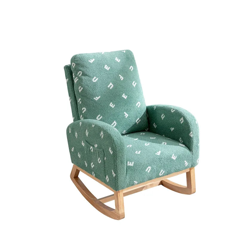 Fauteuil à bascule de nurserie à dossier haut en bouclette avec poches latérales et patins en bois massif vert