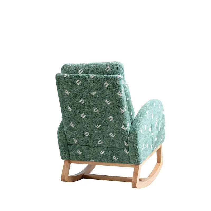 Fauteuil à bascule de nurserie à dossier haut en bouclette avec poches latérales et patins en bois massif vert