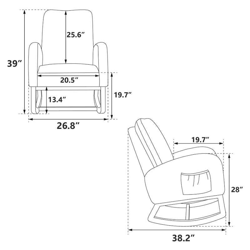 Fauteuil à bascule de nurserie à dossier haut en bouclette avec poches latérales et patins en bois massif vert