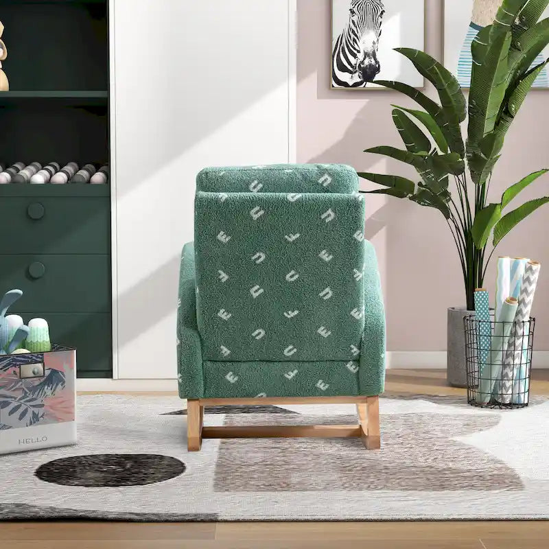 Fauteuil à bascule de nurserie à dossier haut en bouclette avec poches latérales et patins en bois massif vert