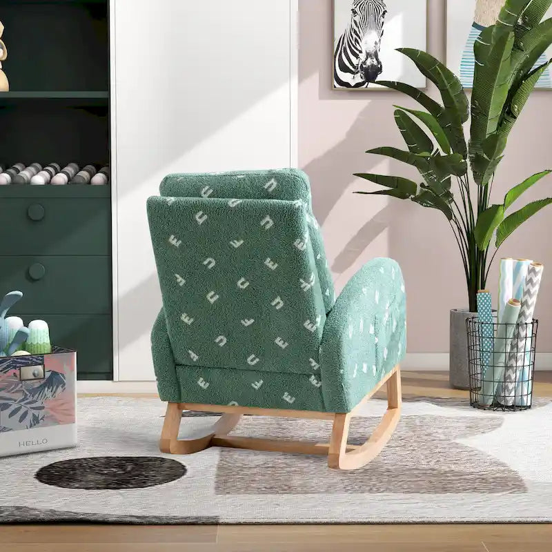 Fauteuil à bascule de nurserie à dossier haut en bouclette avec poches latérales et patins en bois massif vert