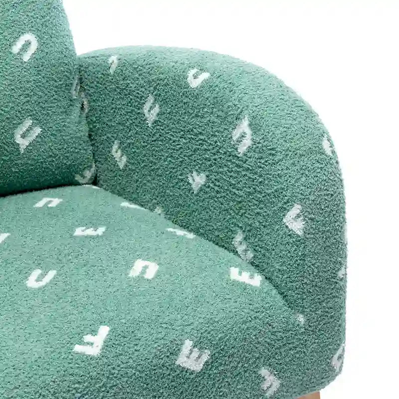 Fauteuil à bascule de nurserie à dossier haut en bouclette avec poches latérales et patins en bois massif vert