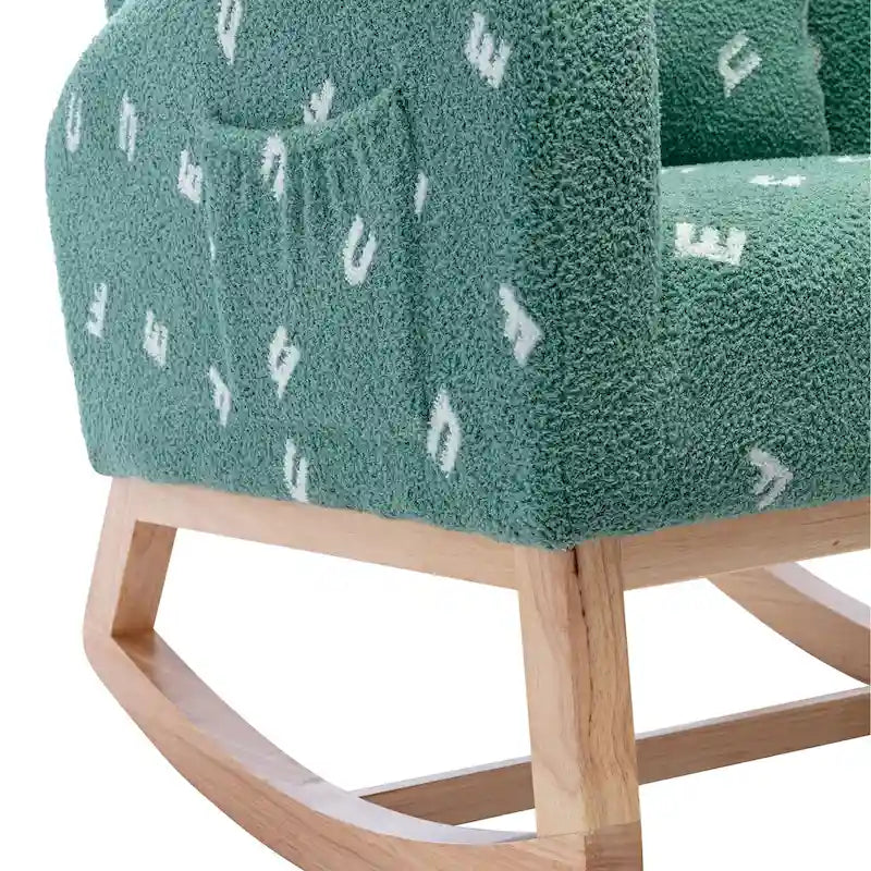 Fauteuil à bascule de nurserie à dossier haut en bouclette avec poches latérales et patins en bois massif vert