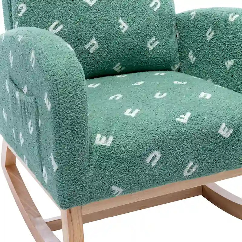 Fauteuil à bascule de nurserie à dossier haut en bouclette avec poches latérales et patins en bois massif vert