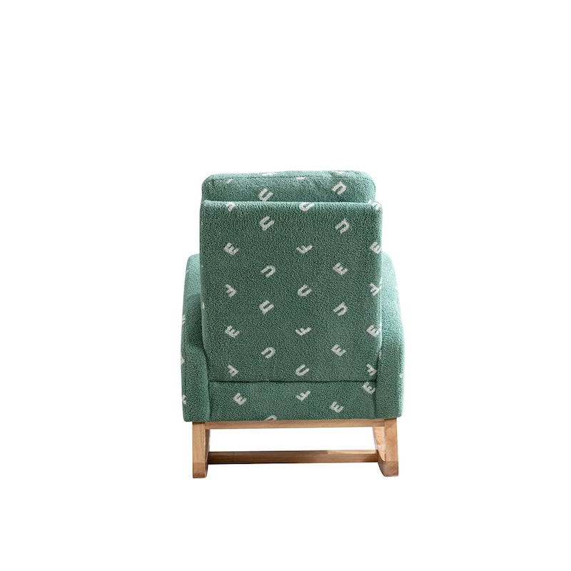 Fauteuil à bascule de nurserie à dossier haut en bouclette avec poches latérales et patins en bois massif vert