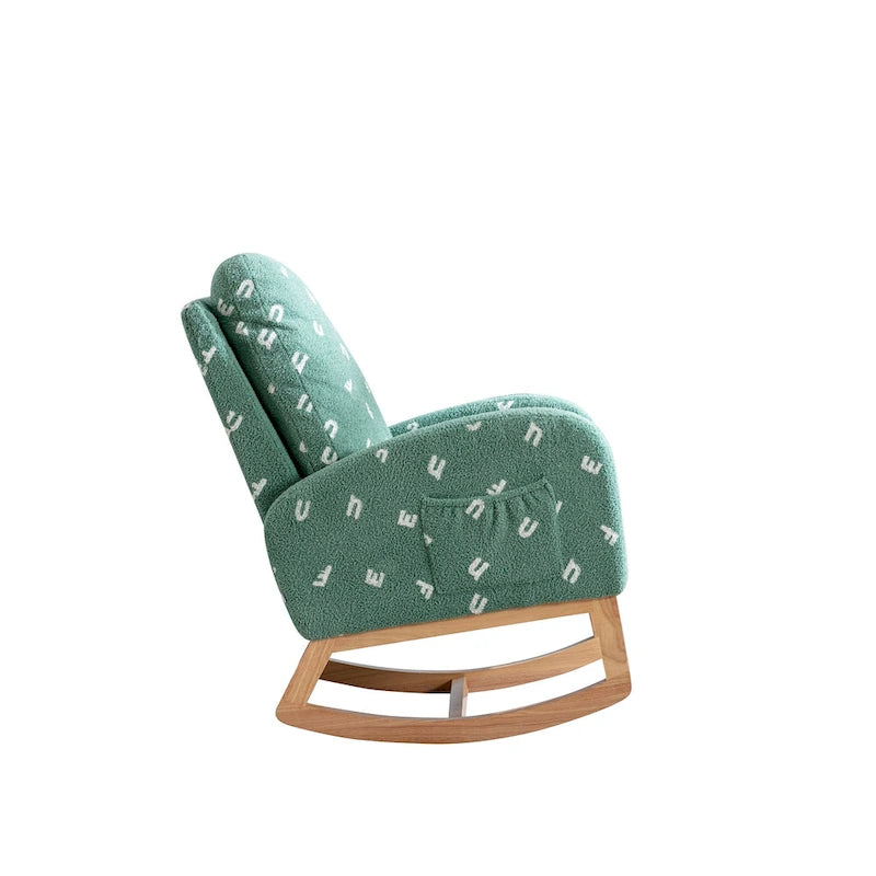 Fauteuil à bascule de nurserie à dossier haut en bouclette avec poches latérales et patins en bois massif vert