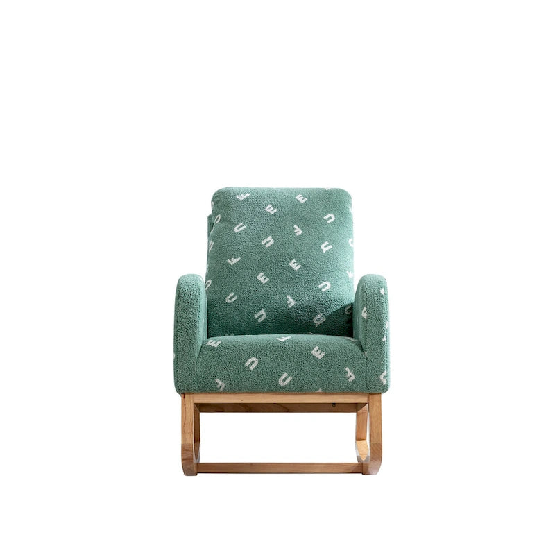 Fauteuil à bascule de nurserie à dossier haut en bouclette avec poches latérales et patins en bois massif vert