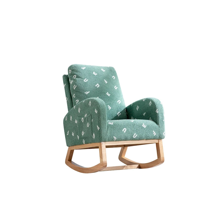 Fauteuil à bascule de nurserie à dossier haut en bouclette avec poches latérales et patins en bois massif vert