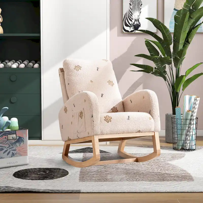 Fauteuil à bascule de nurserie à dossier haut en bouclette avec poches latérales et patins en bois massif vert
