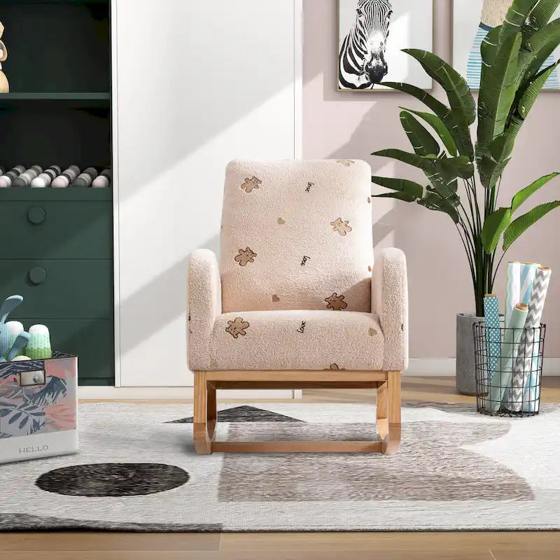 Fauteuil à bascule de nurserie à dossier haut en bouclette avec poches latérales et patins en bois massif vert