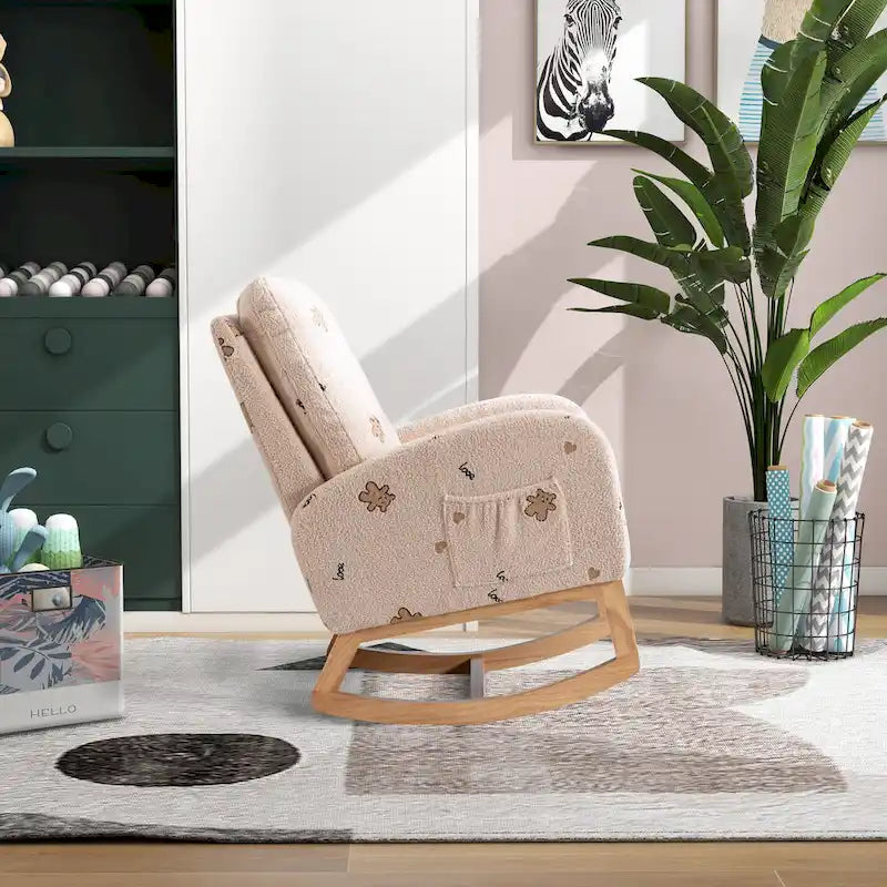 Fauteuil à bascule de nurserie à dossier haut en bouclette avec poches latérales et patins en bois massif vert