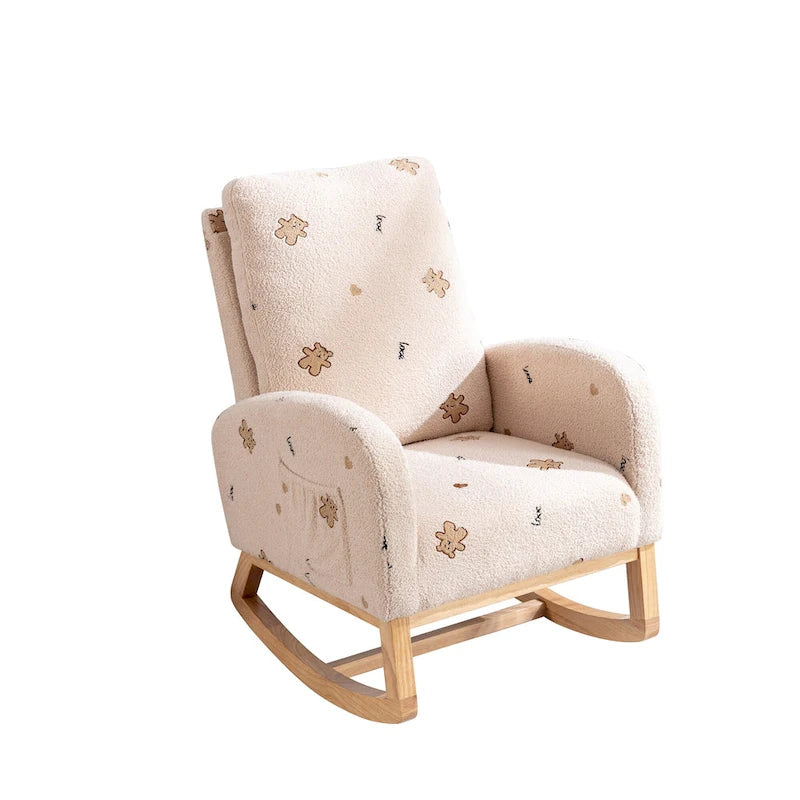Fauteuil à bascule de nurserie à dossier haut en bouclette avec poches latérales et patins en bois massif vert