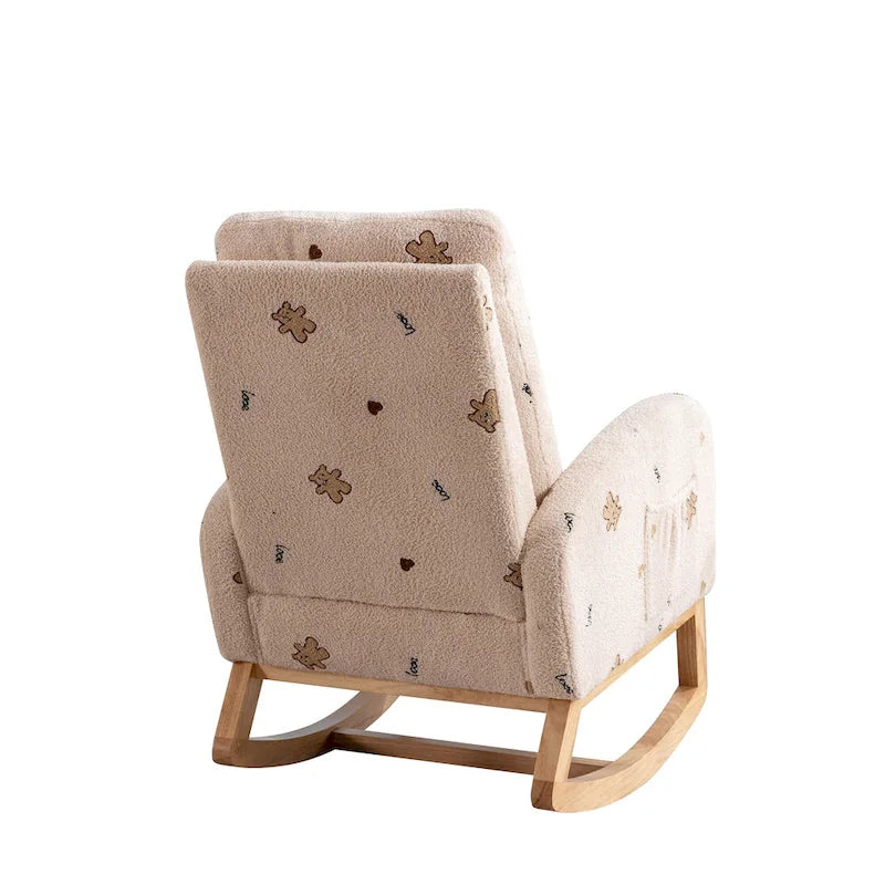 Fauteuil à bascule de nurserie à dossier haut en bouclette avec poches latérales et patins en bois massif vert
