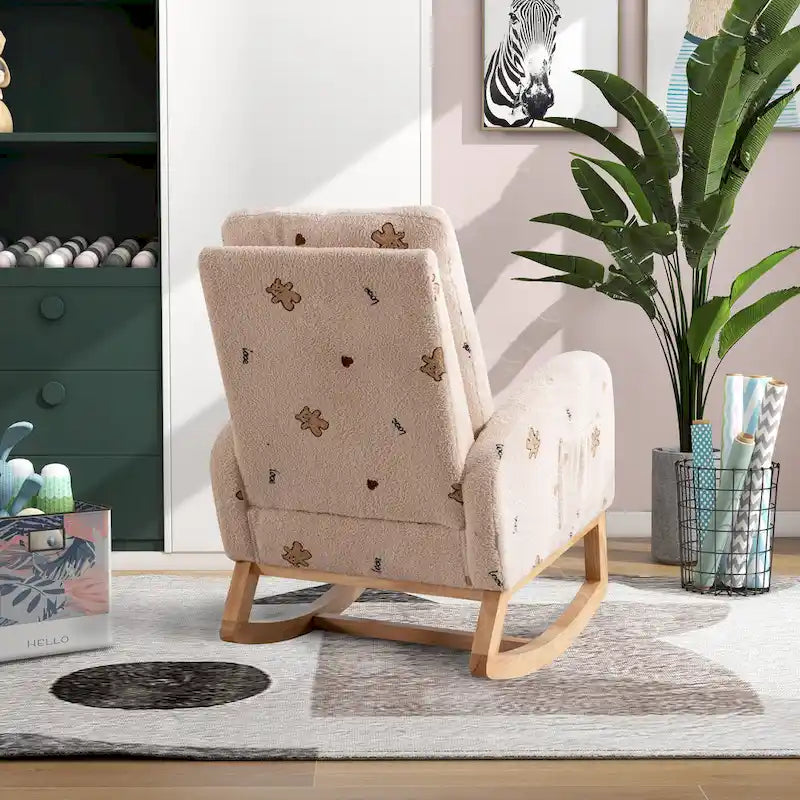 Fauteuil à bascule de nurserie à dossier haut en bouclette avec poches latérales et patins en bois massif vert