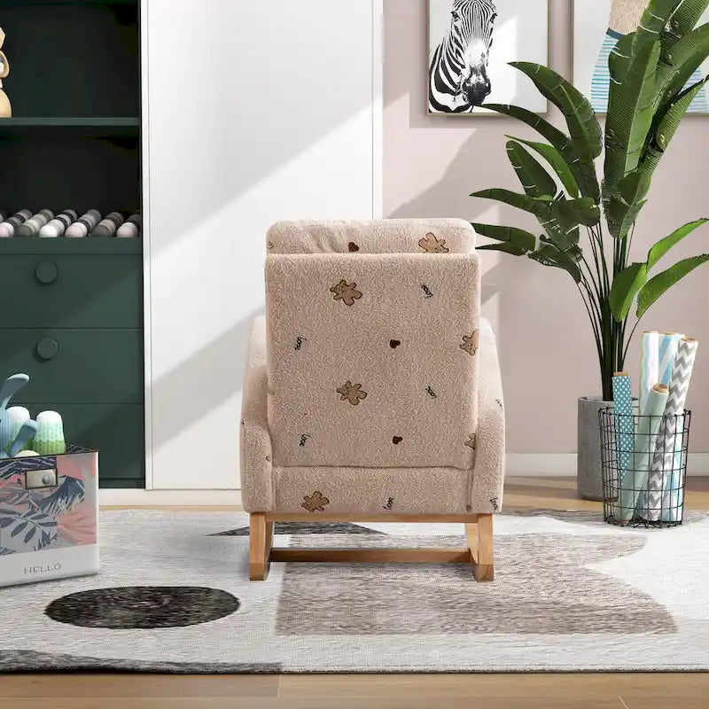 Fauteuil à bascule de nurserie à dossier haut en bouclette avec poches latérales et patins en bois massif vert