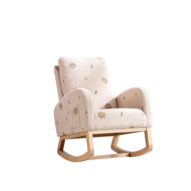 Fauteuil à bascule de nurserie à dossier haut en bouclette avec poches latérales et patins en bois massif vert