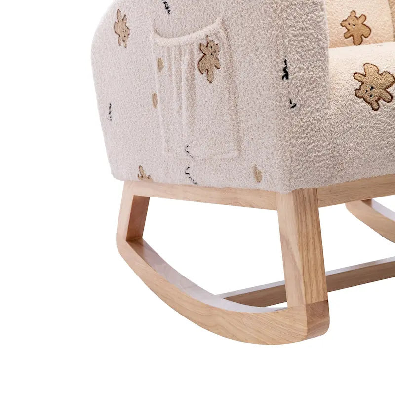 Fauteuil à bascule de nurserie à dossier haut en bouclette avec poches latérales et patins en bois massif vert
