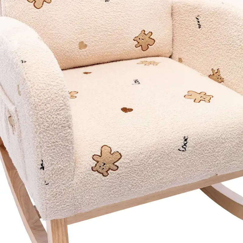 Fauteuil à bascule de nurserie à dossier haut en bouclette avec poches latérales et patins en bois massif vert