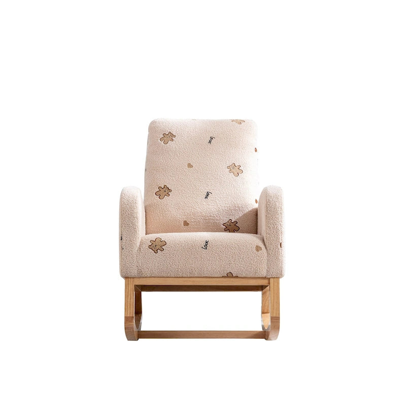 Fauteuil à bascule de nurserie à dossier haut en bouclette avec poches latérales et patins en bois massif vert