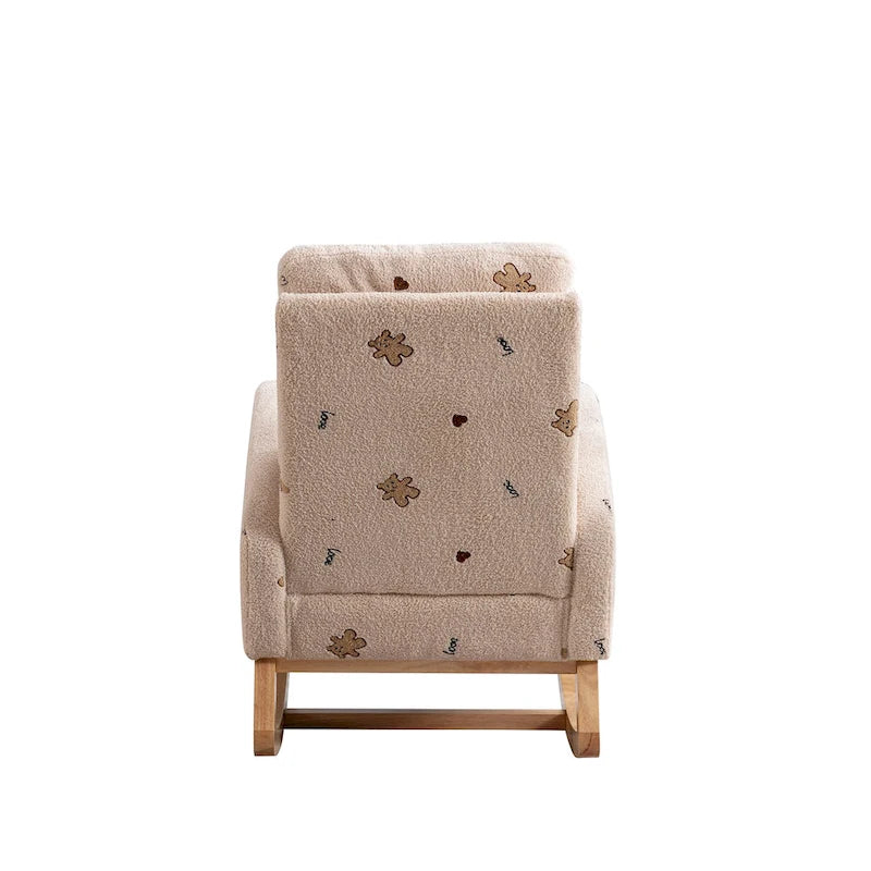 Fauteuil à bascule de nurserie à dossier haut en bouclette avec poches latérales et patins en bois massif vert