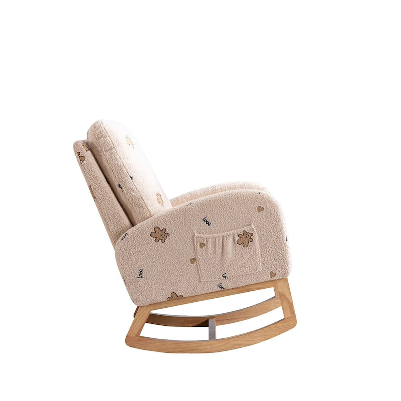 Fauteuil à bascule de nurserie à dossier haut en bouclette avec poches latérales et patins en bois massif vert