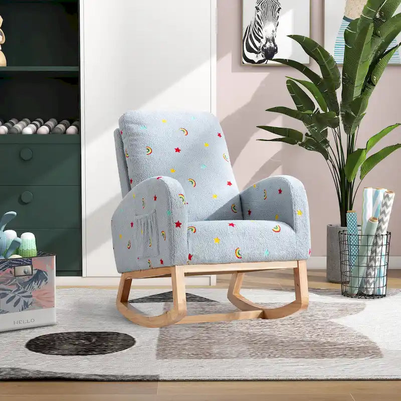 Fauteuil à bascule de nurserie à dossier haut en bouclette avec poches latérales et patins en bois massif vert