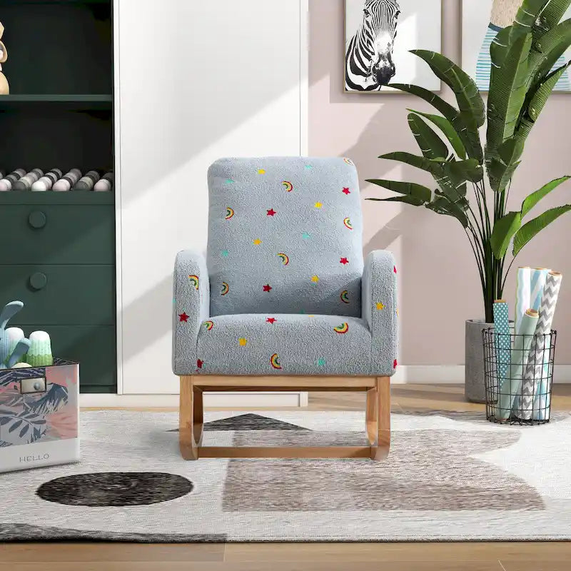 Fauteuil à bascule de nurserie à dossier haut en bouclette avec poches latérales et patins en bois massif vert