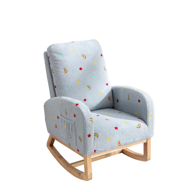 Fauteuil à bascule de nurserie à dossier haut en bouclette avec poches latérales et patins en bois massif vert