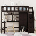 Lit mezzanine pleine taille avec bureau, armoire, étagères ouvertes et tiroirs d'escalier blanc