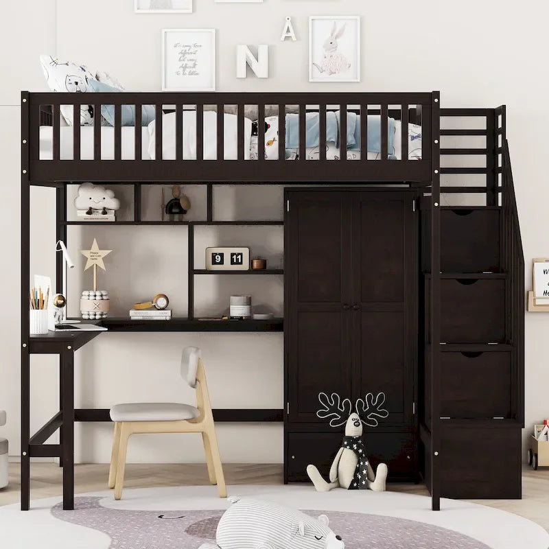 Lit mezzanine pleine taille avec bureau, armoire, étagères ouvertes et tiroirs d'escalier blanc