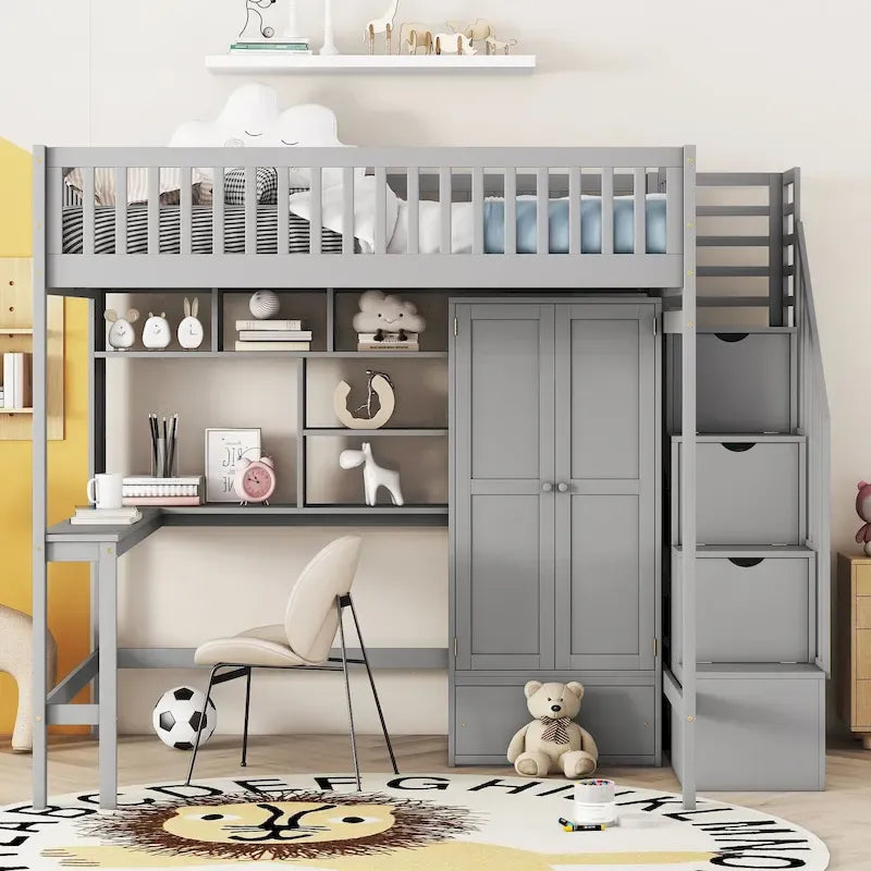 Lit mezzanine pleine taille avec bureau, armoire, étagères ouvertes et tiroirs d'escalier blanc