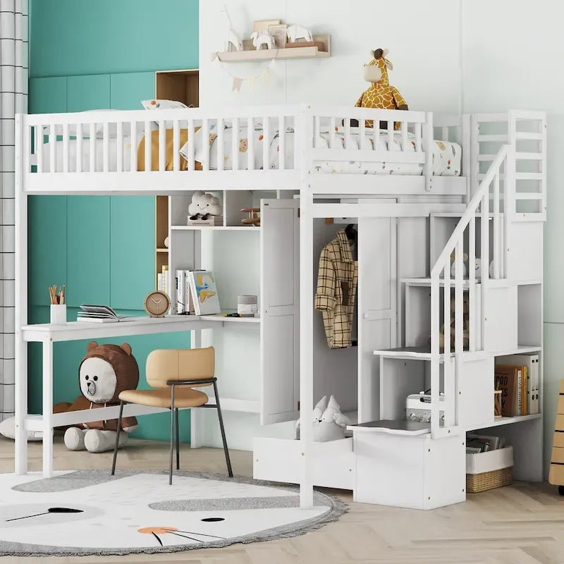 Lit mezzanine pleine taille avec bureau, armoire, étagères ouvertes et tiroirs d'escalier blanc