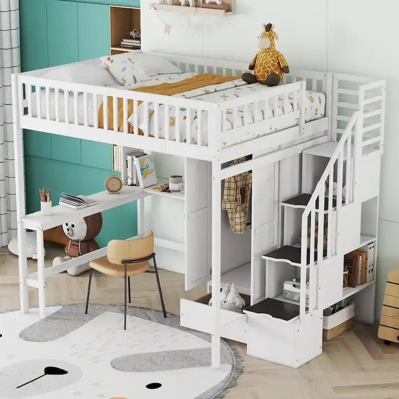 Lit mezzanine pleine taille avec bureau, armoire, étagères ouvertes et tiroirs d'escalier blanc