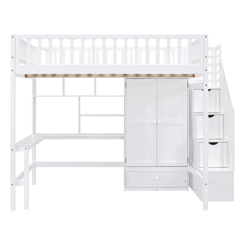 Lit mezzanine pleine taille avec bureau, armoire, étagères ouvertes et tiroirs d'escalier blanc