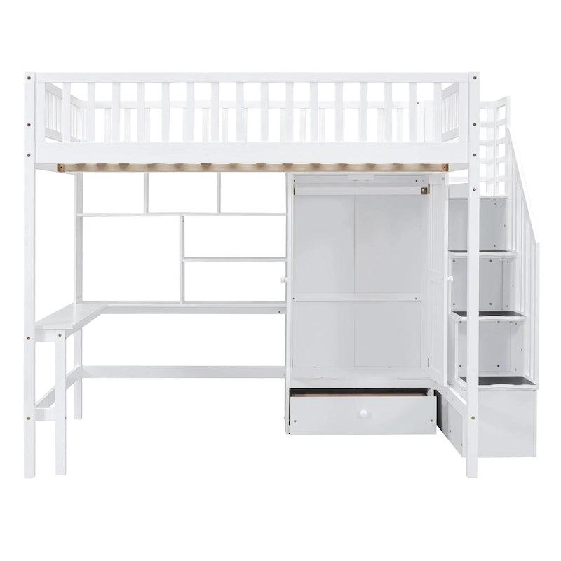 Lit mezzanine pleine taille avec bureau, armoire, étagères ouvertes et tiroirs d'escalier blanc