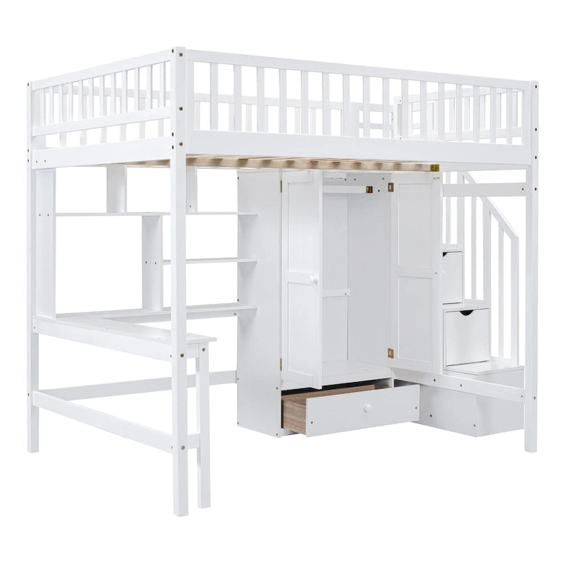 Lit mezzanine pleine taille avec bureau, armoire, étagères ouvertes et tiroirs d'escalier blanc