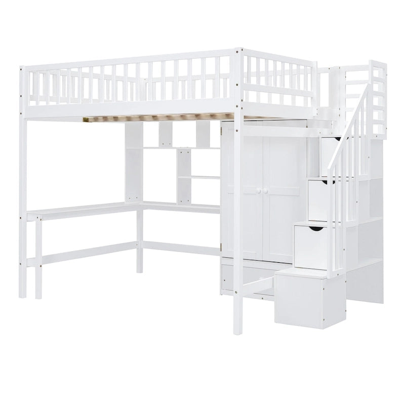 Lit mezzanine pleine taille avec bureau, armoire, étagères ouvertes et tiroirs d'escalier blanc