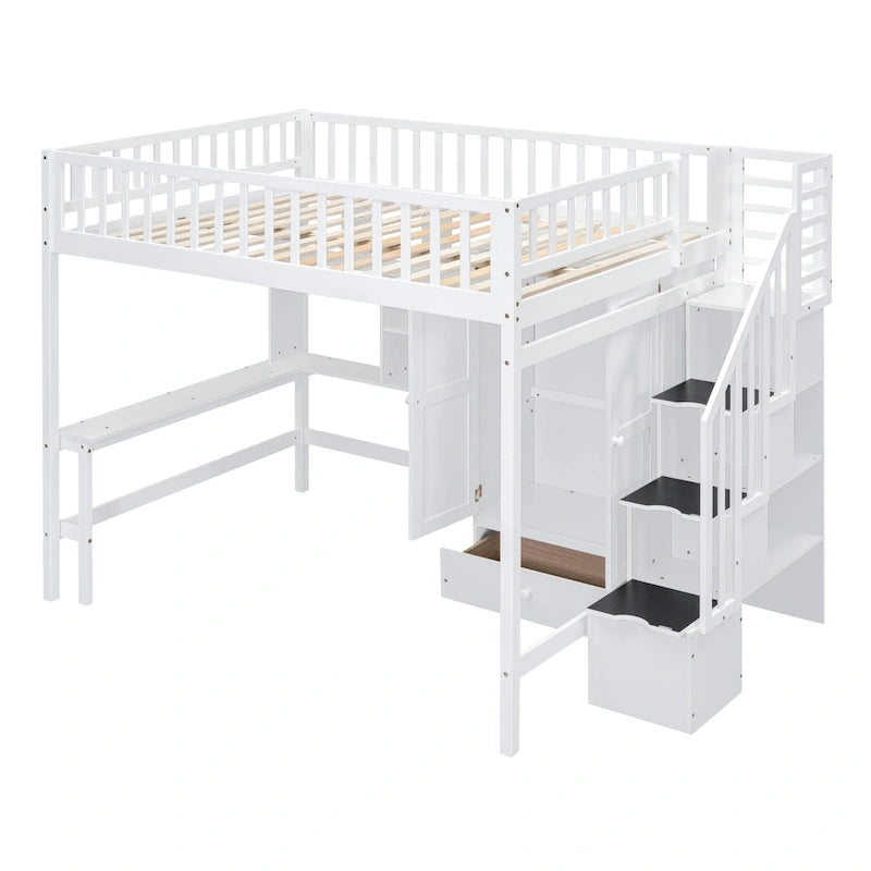 Lit mezzanine pleine taille avec bureau, armoire, étagères ouvertes et tiroirs d'escalier blanc