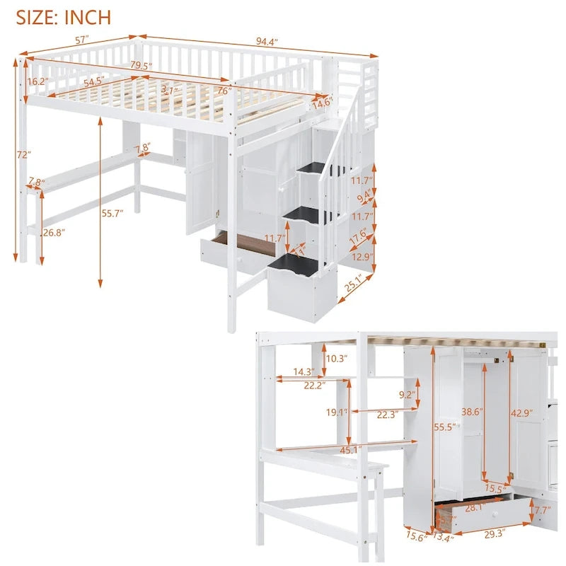 Lit mezzanine pleine taille avec bureau, armoire, étagères ouvertes et tiroirs d'escalier blanc