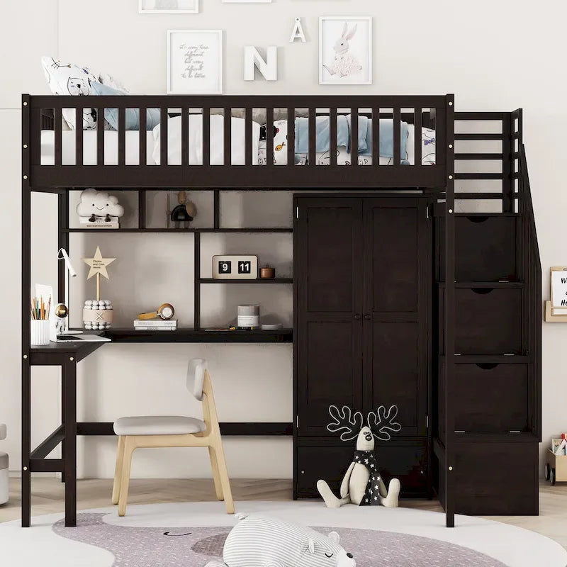 Lit mezzanine pleine taille avec bureau, armoire, étagères ouvertes et tiroirs d'escalier blanc